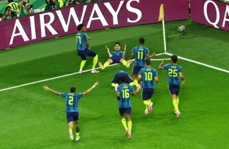 Colombia's Luis Diaz celebrates scoring their second goal with teammates