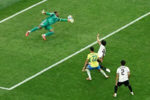 Brazil's Gabriel Martinelli scores their second goal in win over Japan