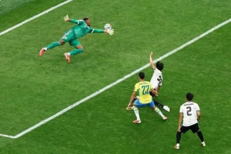Brazil's Gabriel Martinelli scores their second goal in win over Japan