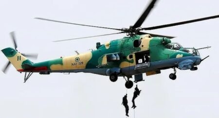 Nigerian Air Force aircraft conducting aerial surveillance support over Oyo State during a rescue operation for abducted pupils and teachers.