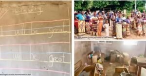 Abandoned school classroom in Oriire, Oyo State, with scattered shoes, bags, and a chalkboard reading “I will be great” after a school abduction crisis.