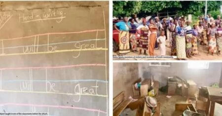 Oyo teacher’s final lesson: “I will be great” before abduction Abandoned school classroom in Oriire, Oyo State, with scattered shoes, bags, and a chalkboard reading “I will be great” after a school abduction crisis.