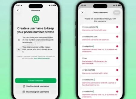 WhatsApp account settings screen showing the new Username option for reserving a unique username.