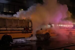 Teen shot, World Cup bus ablaze during wild Knicks’ NBA title celebrations World Cup shuttle bus engulfed in flames in Manhattan as New York Knicks fans celebrate the team's NBA championship victory.