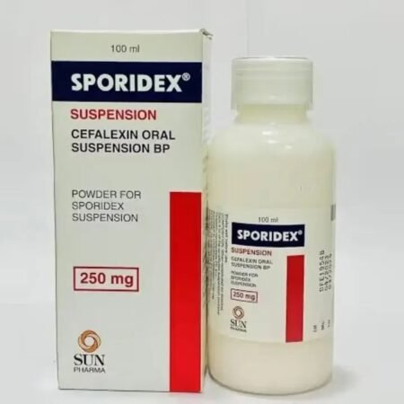 Bottle of Sporidex Suspension 125 mg/5 ml with NAFDAC recall notice highlighting Batch DFG4606A over safety concerns.