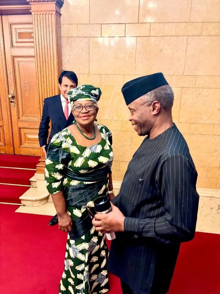 Osinbajo highlights meetings with Okonjo-Iweala, Bagudu at Hamburg conference Prof. Yemi Osinbajo with Dr. Ngozi Okonjo-Iweala at the Hamburg Sustainability Conference.