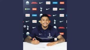 Savinho celebrates after completing his £75m transfer from Manchester City to Tottenham