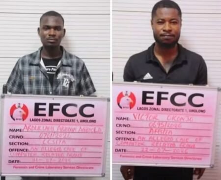 EFCC officials secure conviction of two fraudsters jailed by Lagos court for money laundering and fraudulent impersonation.