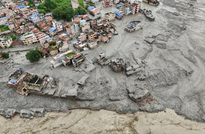 Nepal-Tibet floods leave over 360 dead, 1,400 missing A drone view shows mud covering properties following a flash flood in Trishuli, Nuwakot district, Nepal
