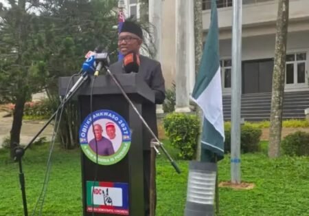 Peter Obi speaks at a press conference launching his 2027 presidential campaign