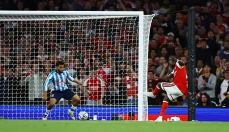 Arsenal's Bukayo Saka scores their second goal in win over Coventry