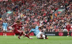 Victor Munoz celebrates after scoring Liverpool’s late equaliser against Nottingham Forest