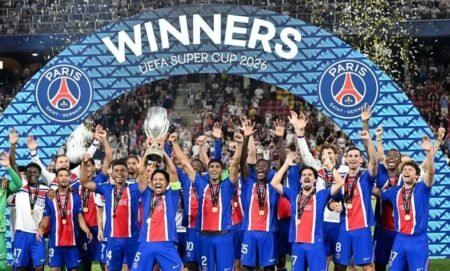 PSG players celebrate after beating Aston Villa to retain the UEFA Super Cup.