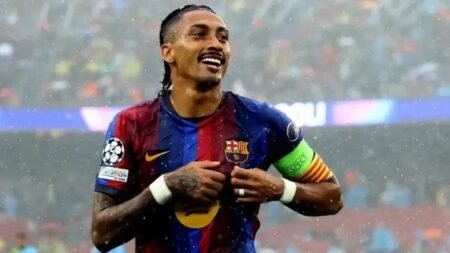Raphinha celebrates goal for Barcelona