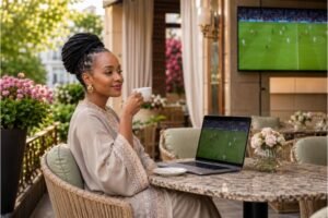 Woman enjoying coffee while watching a football match on her laptop at a flower-filled café terrace 1x Bet