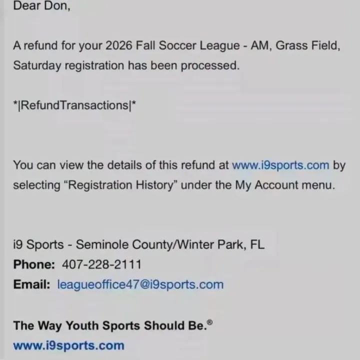 Screenshot of an i9 Sports email confirming a refund for a 2026 Fall Soccer League registration.